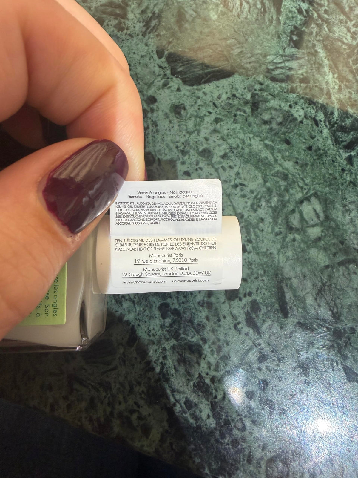 Manucurist label with ingredients list proving plant-based clean formulation