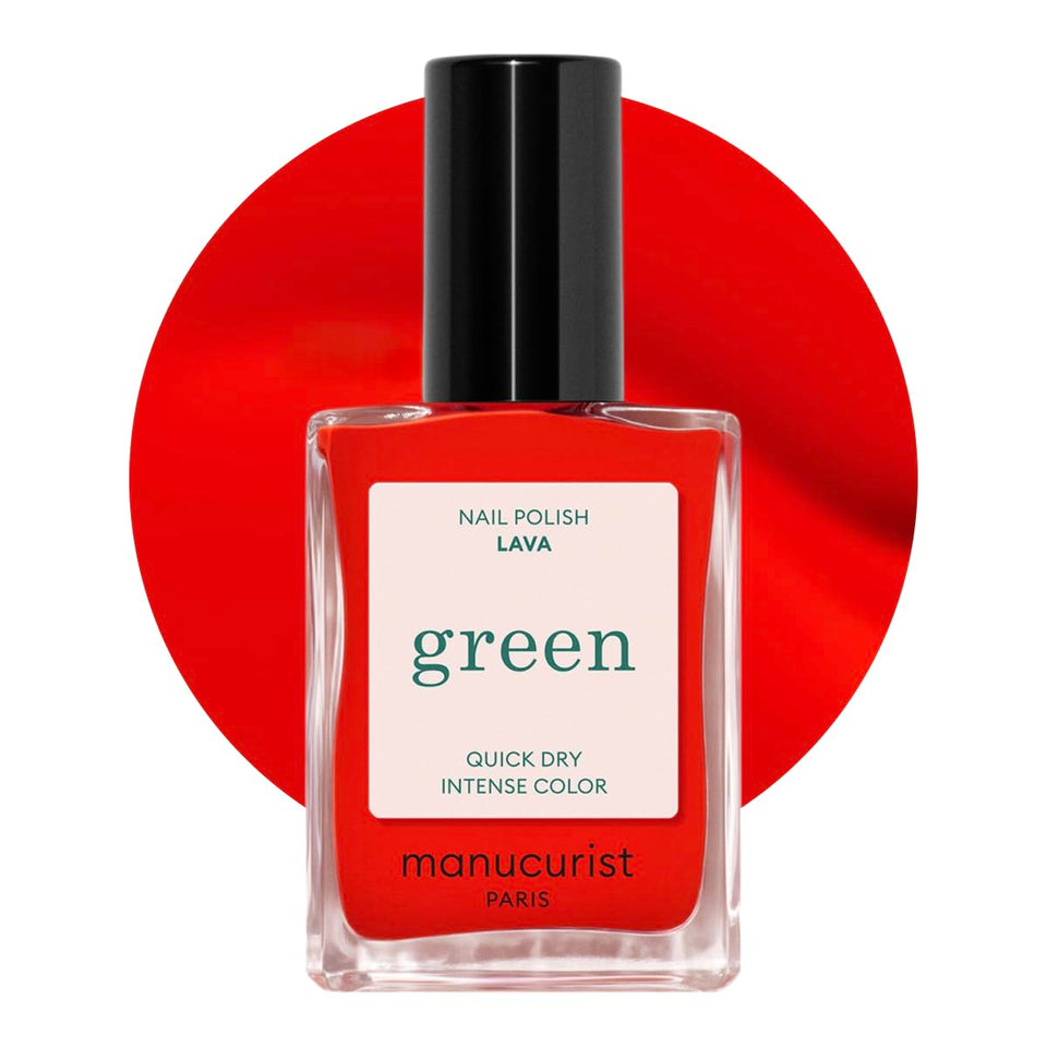 Manucurist bottle front view showing Lava color and glossy finish benefit
