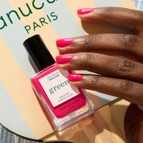 Manucurist neon pink swatch on wrist showing true vibrant color payoff