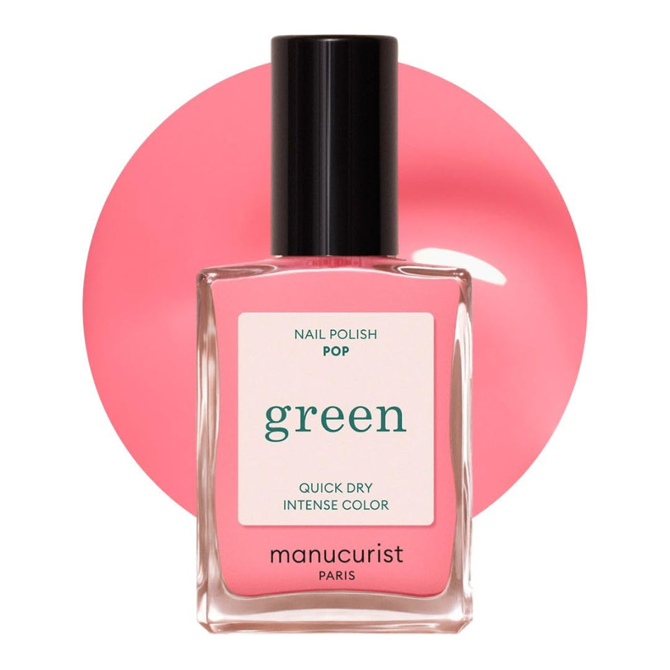 Manucurist Pop front packaging showing electric pink glossy bottle and label, clear plant-based benefits