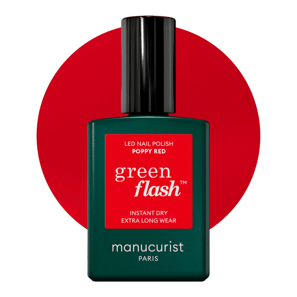 Manucurist front packaging showing Poppy Red gel polish and vegan badge benefit