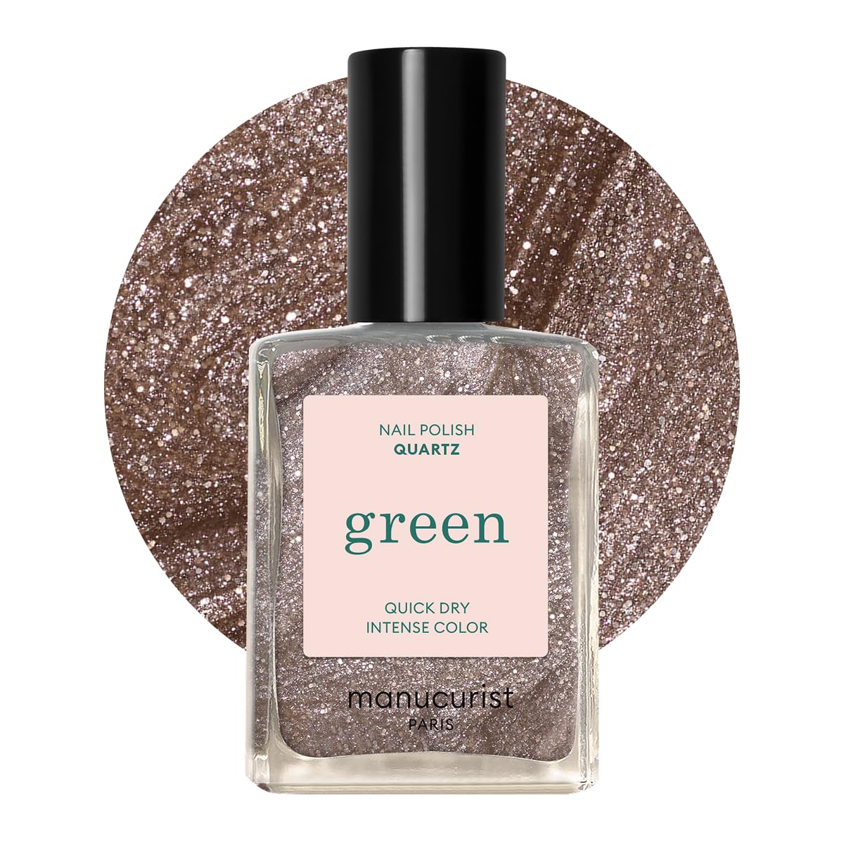 Manucurist bottle front packaging showing quartz sparkling brown shade and eco claims