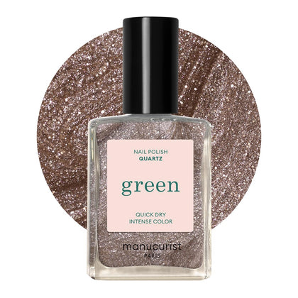 Manucurist bottle front packaging showing quartz sparkling brown shade and eco claims