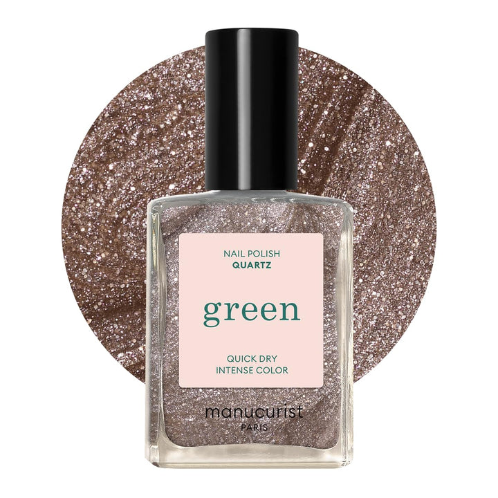 Manucurist bottle front packaging showing quartz sparkling brown shade and eco claims