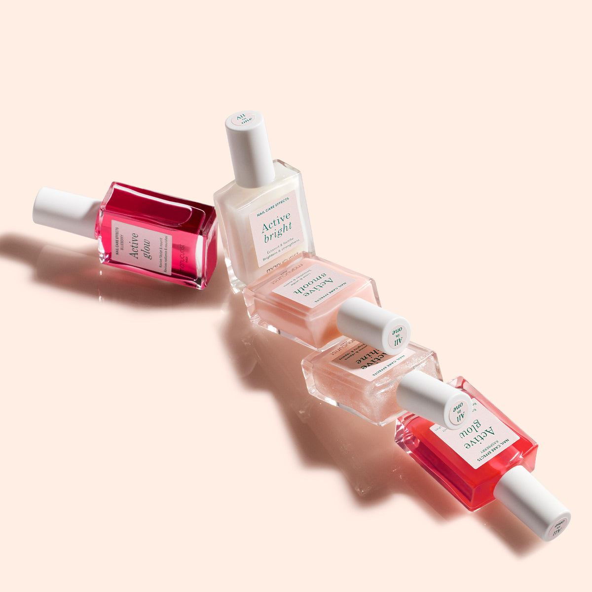 Manucurist five Active bottles lined up displaying diverse shades and treatment types