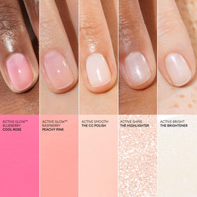Manucurist Raspberry Active Glow swatch on nail showing subtle pink radiance and repair benefit