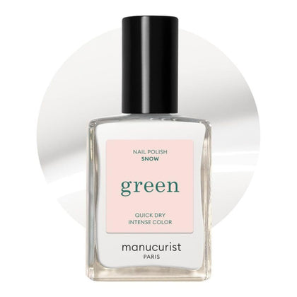 Manucurist bottle front view showing Snow white shade and compact design benefit