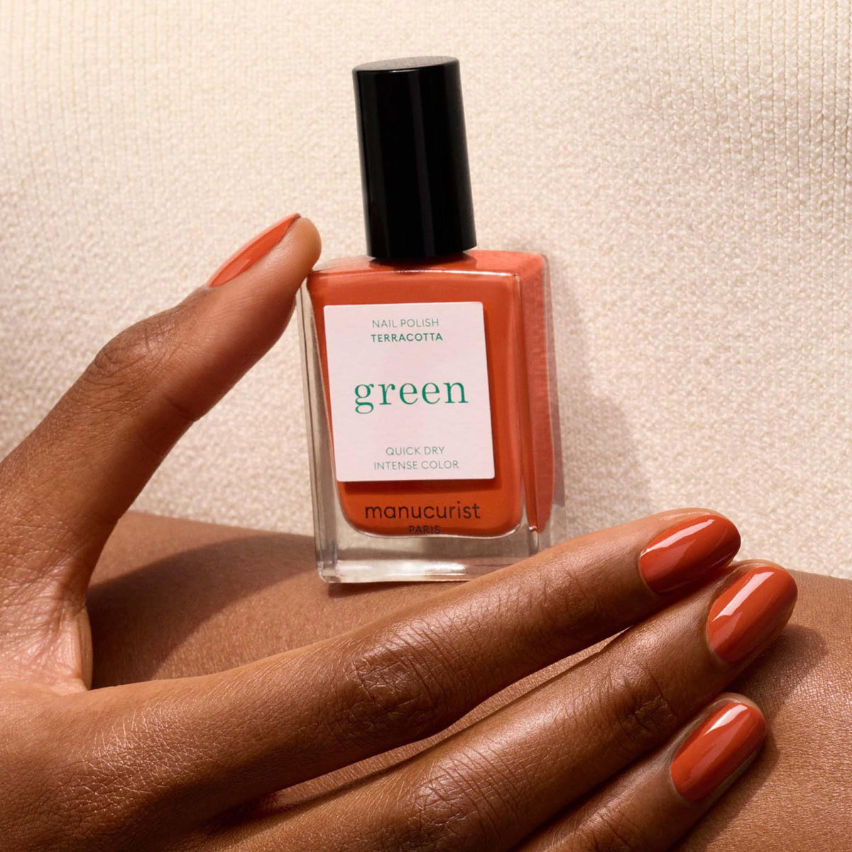 Manucurist nail-fan swatches showing terracotta on nails benefit: true-to-color preview