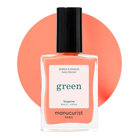 Manucurist bottle of tangerine neon orange polish showing glossy finish benefit