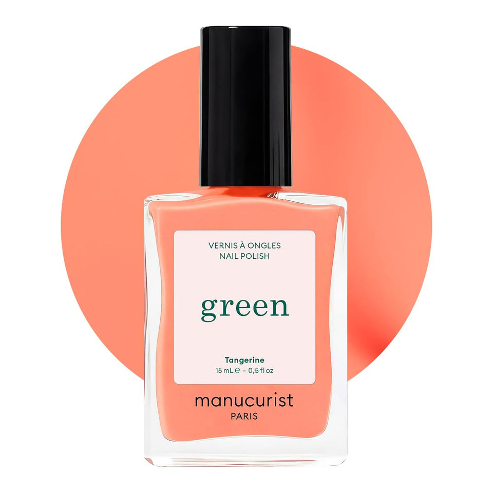 Manucurist bottle of tangerine neon orange polish showing glossy finish benefit