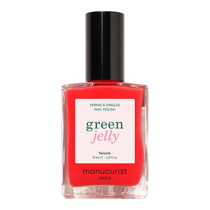 Manucurist Twizzle Green front bottle showing bright translucent red and glossy appeal