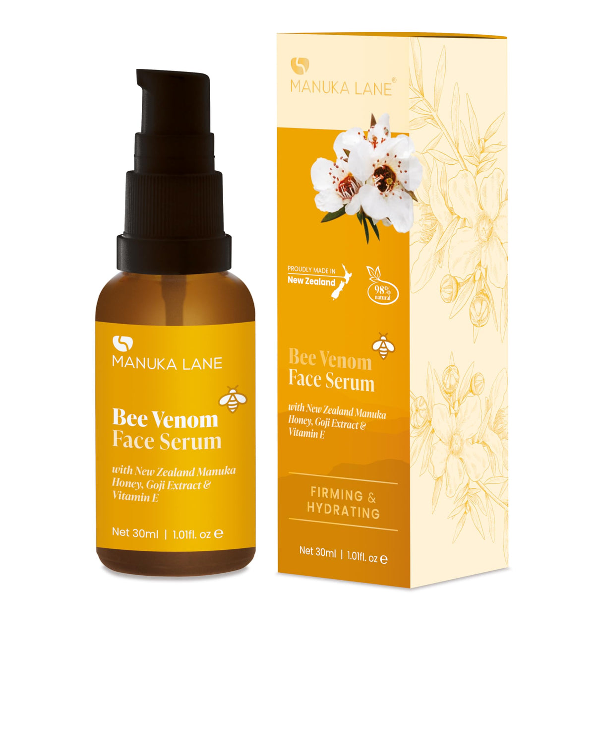 Manuka Lane bee venom serum bottle front, hydrating formula for smoother-looking skin