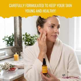Manuka Lane serum dropper dispensing a drop highlighting precise application benefit