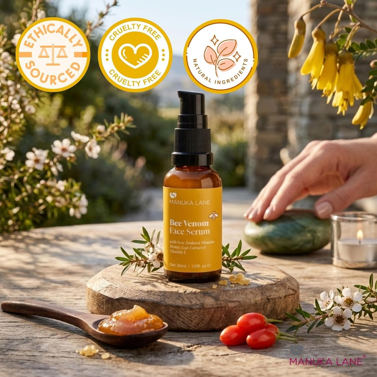 Manuka Lane texture close-up showing lightweight serum absorbency benefit