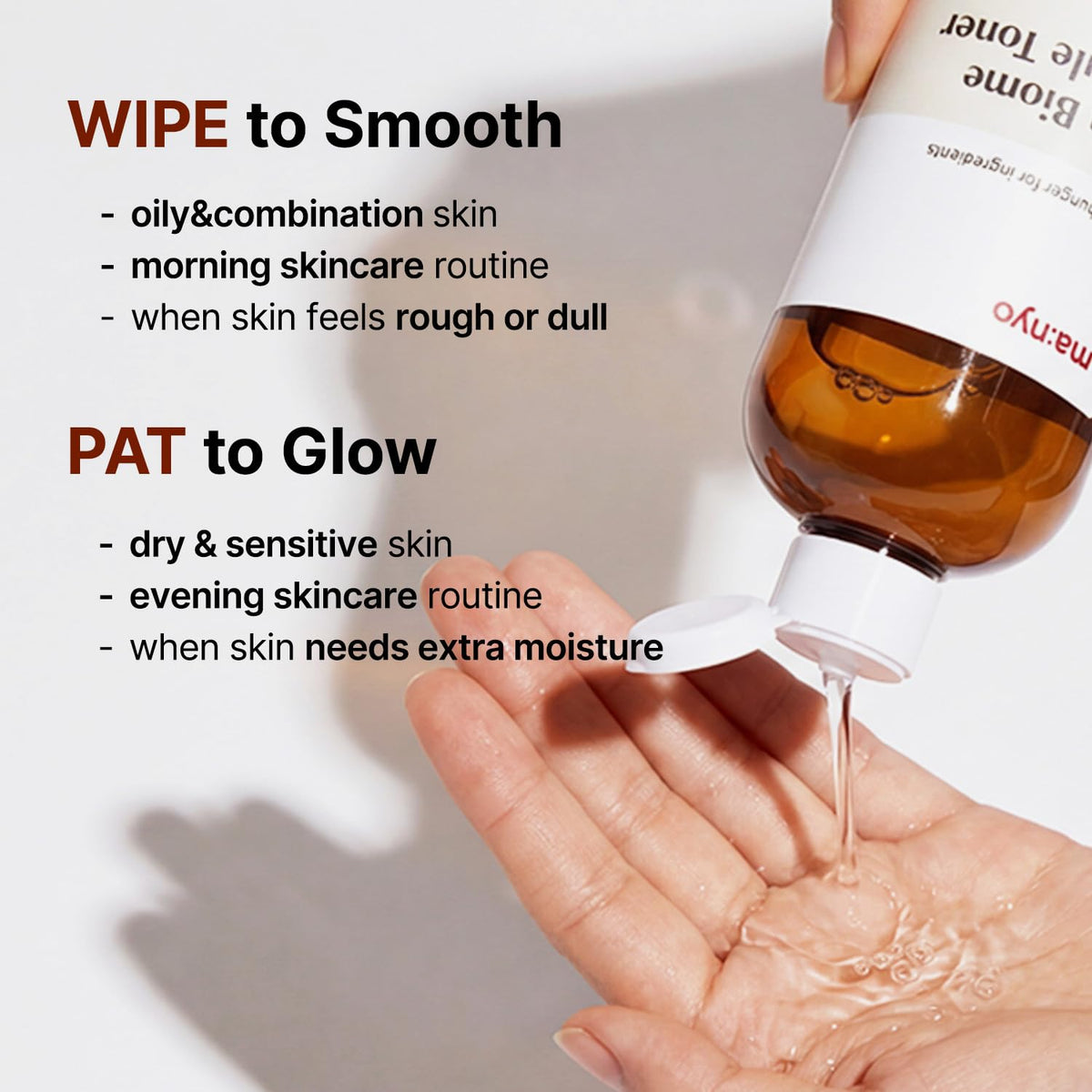ma:nyo toner being patted into skin on hand showing fast absorption and soothing feel