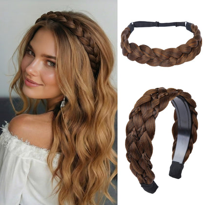 MaopaoBeauty front packaging showing two medium brown braided headbands for versatile styling