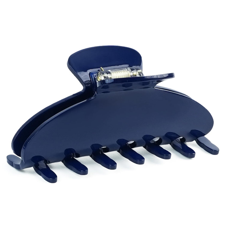 MAORULU front view of navy blue acetate clip shows glossy finish and elegant shape