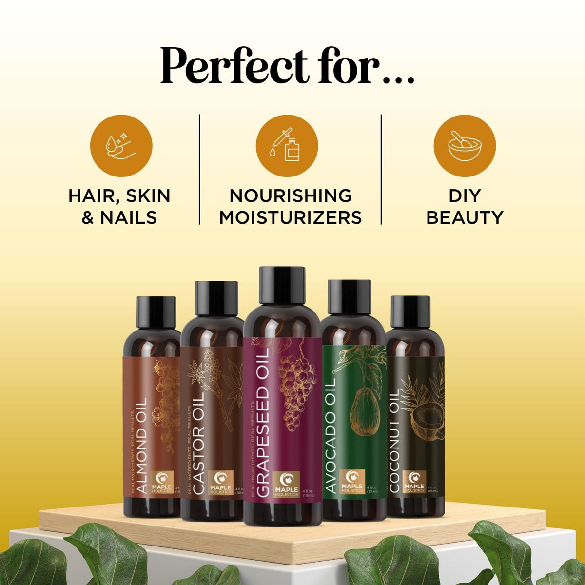Maple Holistics almond oil pouring from a bottle to show light texture and fast absorption