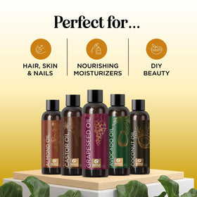 Maple Holistics almond oil pouring from a bottle to show light texture and fast absorption