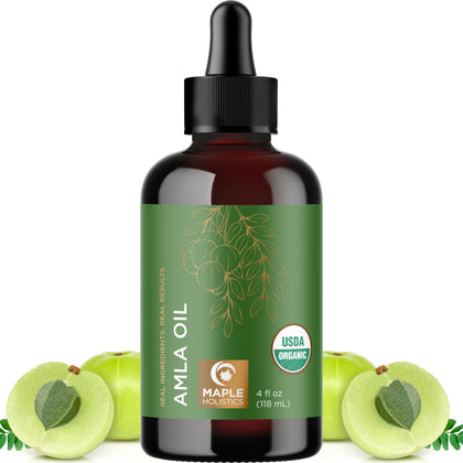 Maple Holistics front packaging showing organic amla oil benefits