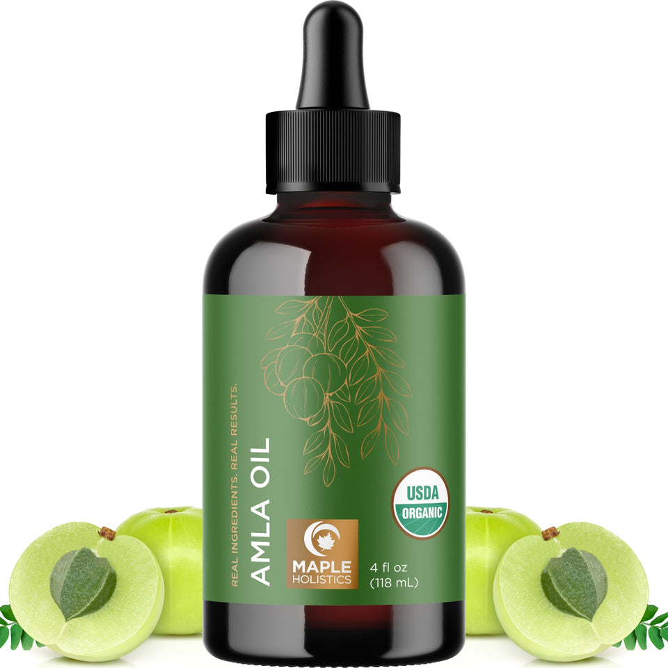 Maple Holistics front packaging showing organic amla oil benefits