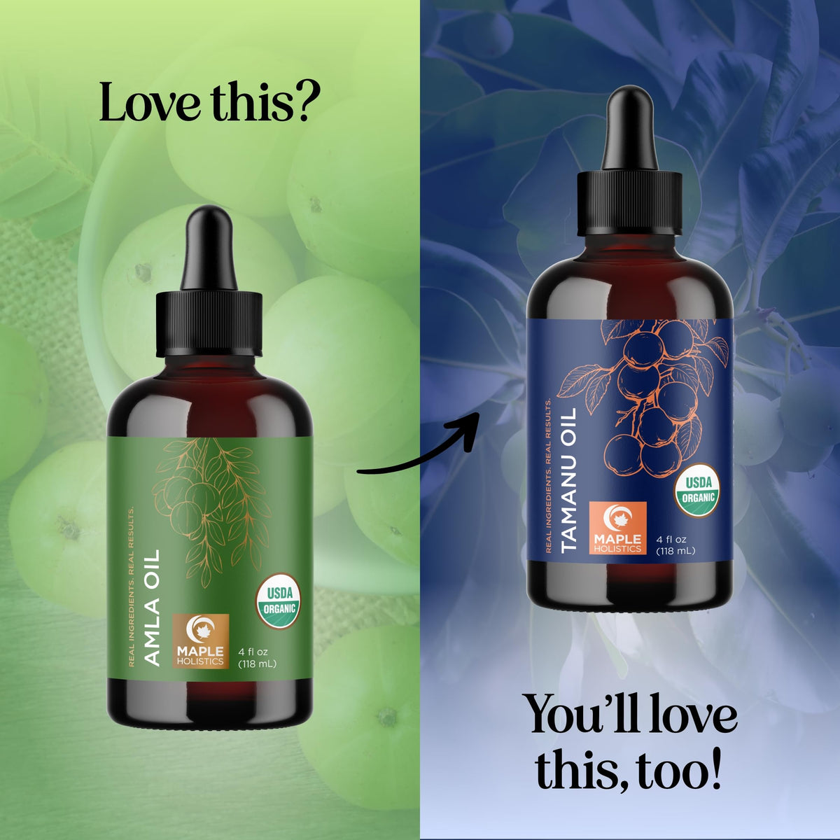 Maple Holistics amla oil bottle beside a ruler for size and scale clarity