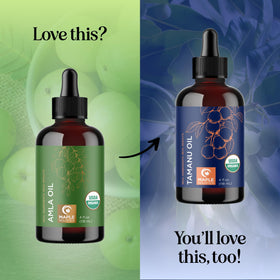 Maple Holistics amla oil bottle beside a ruler for size and scale clarity