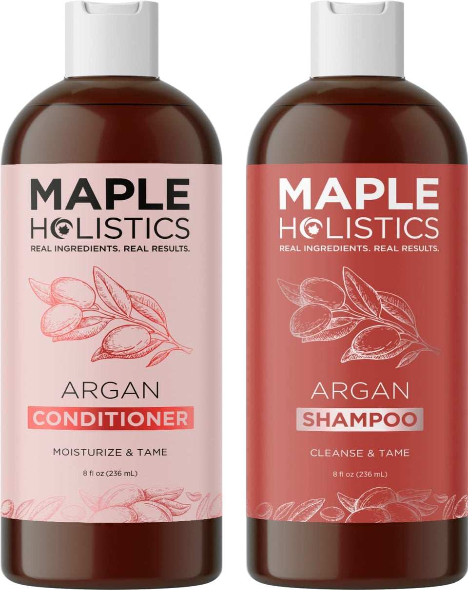 Maple Holistics front packaging of argan shampoo and conditioner showing set and benefits
