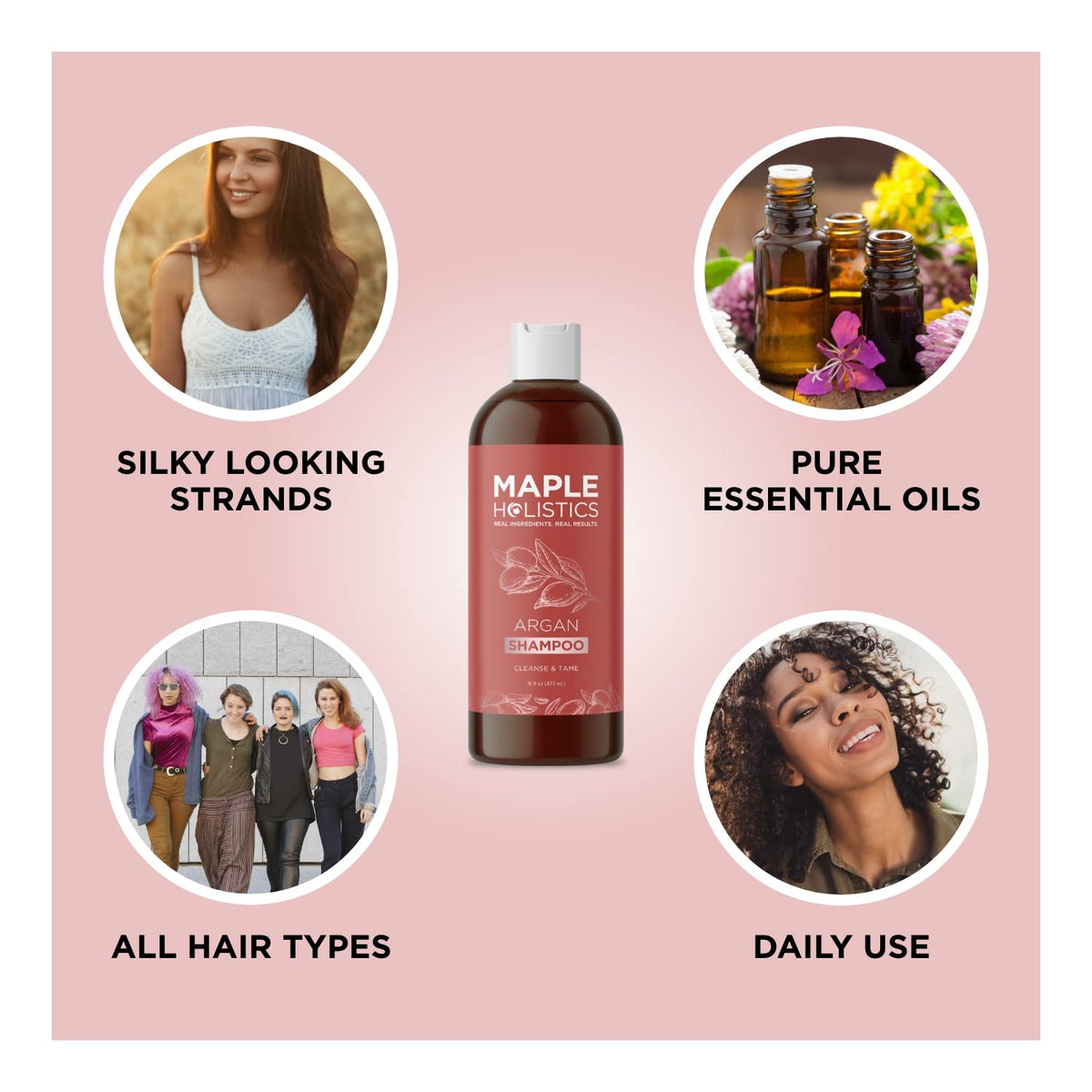Maple Holistics shampoo in use on wet hair showing smoothing benefit