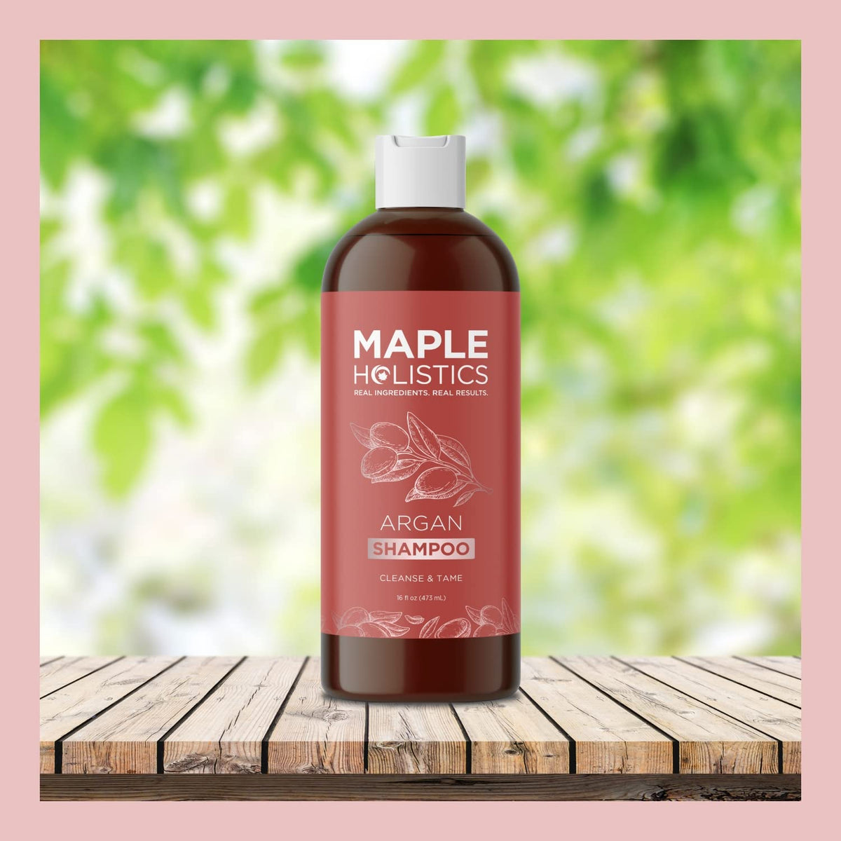 Maple Holistics shampoo displayed on bathroom shelf for lifestyle appeal