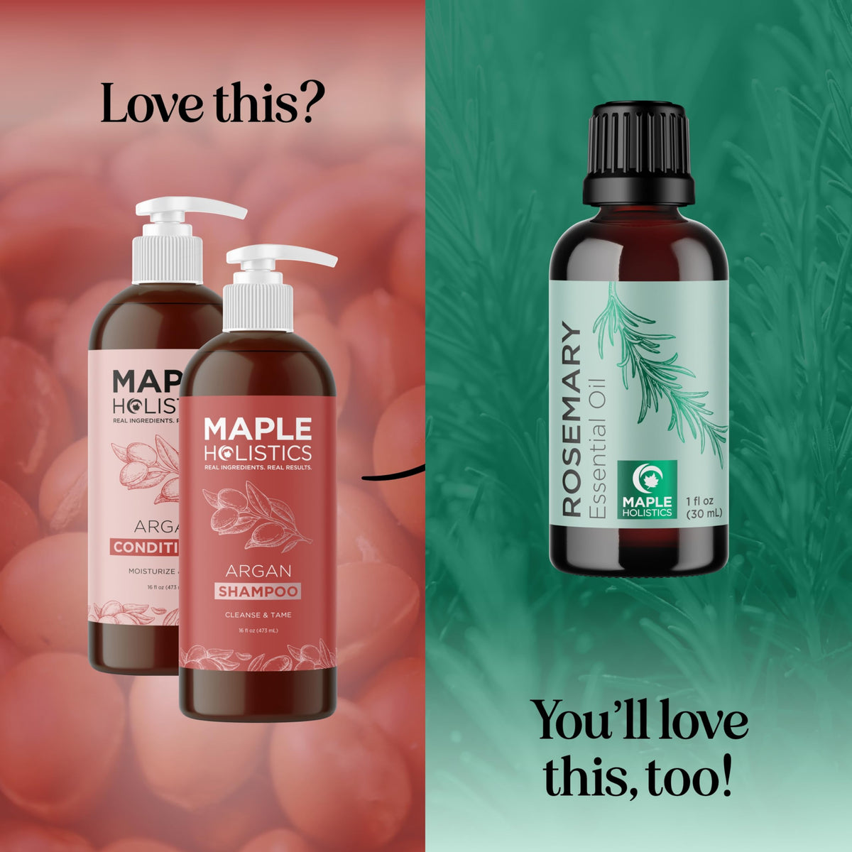 Maple Holistics bottles beside a hand to show scale and travel-friendly benefit