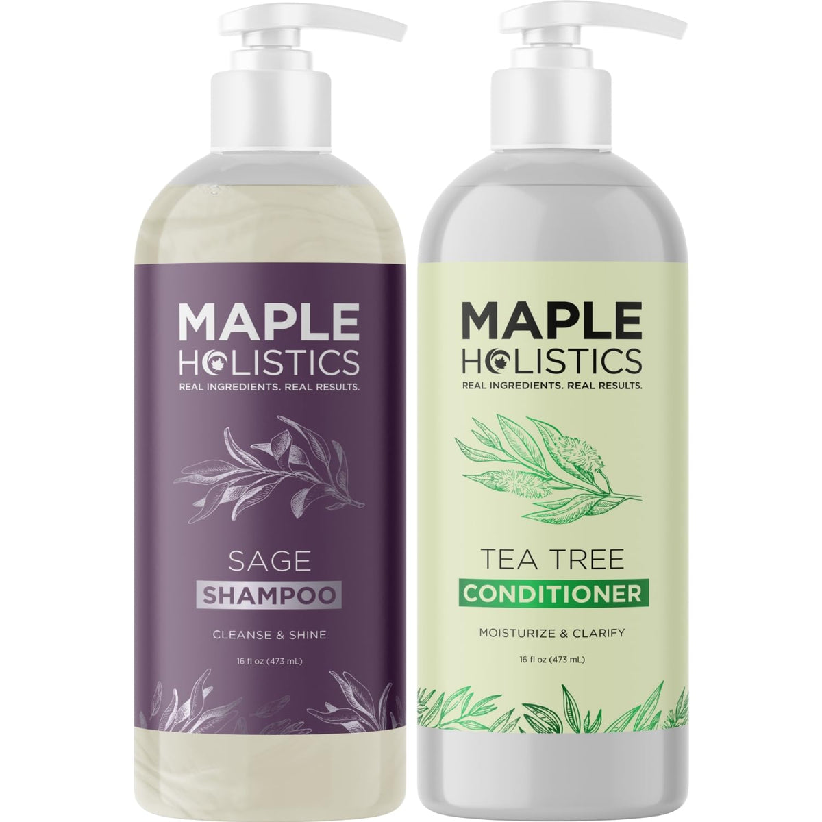 Maple Holistics shampoo and conditioner on bathroom shelf in lifestyle scene