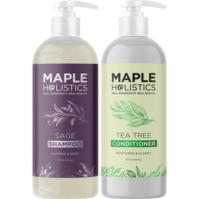 Maple Holistics shampoo and conditioner on bathroom shelf in lifestyle scene