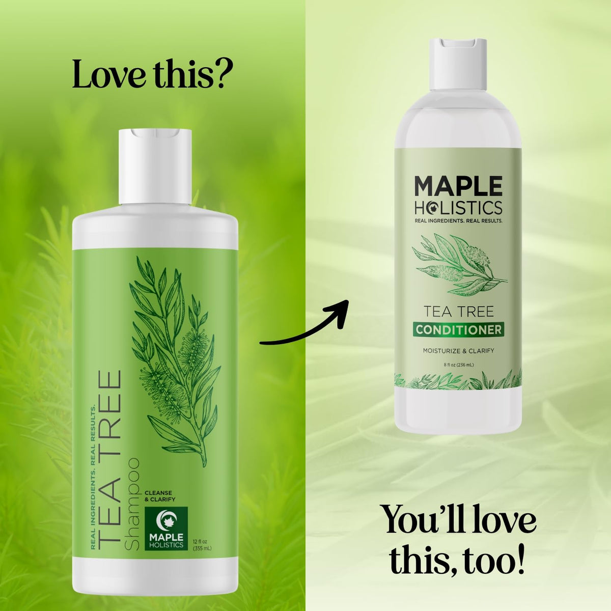 Maple Holistics bottle beside tea tree leaves illustrating natural oils