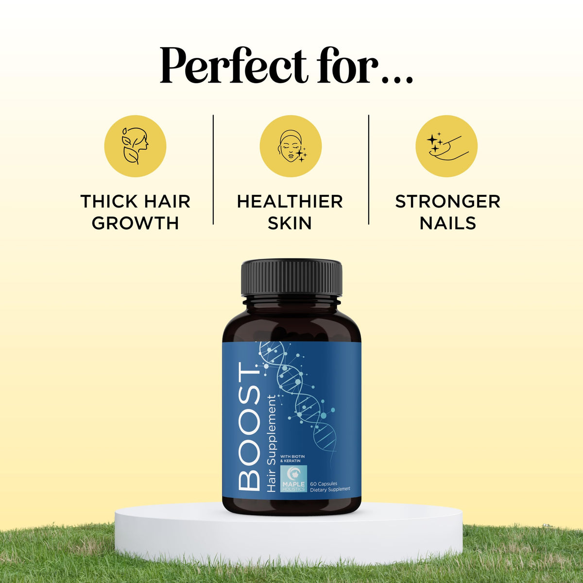 Maple Holistics open bottle with capsules visible for daily dosing