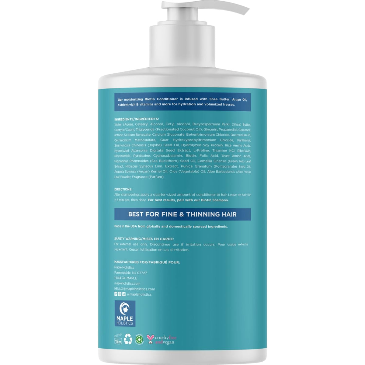 Maple Holistics bottle in hand showing 25 fl oz scale and travel-friendly size