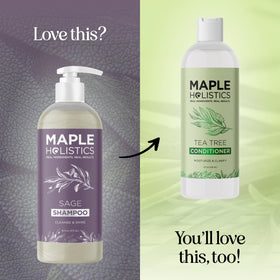 Maple Holistics arrangement of sage rosemary and tea tree oils showing natural active ingredients