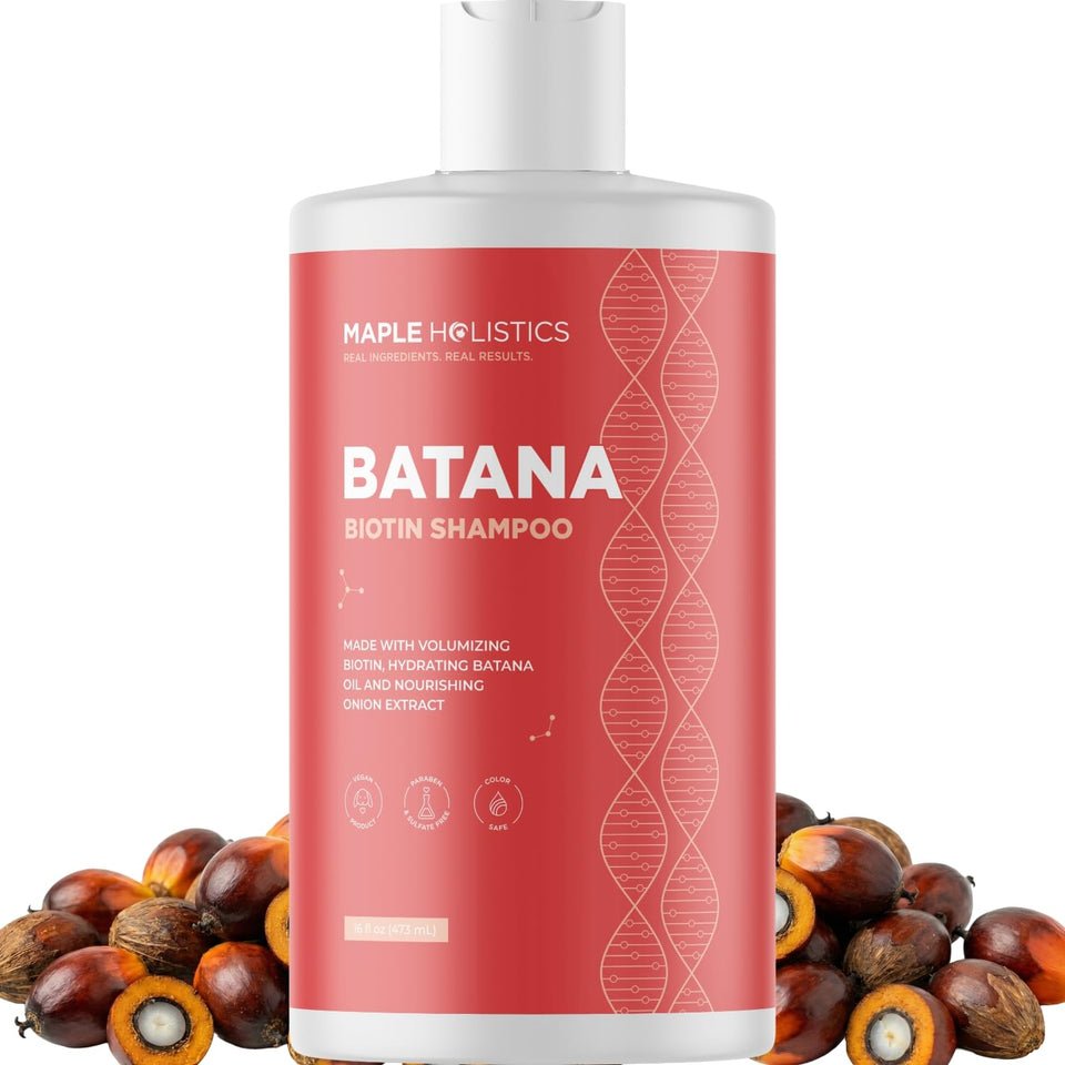 Maple Holistics front bottle showing biotin and batana oil benefits
