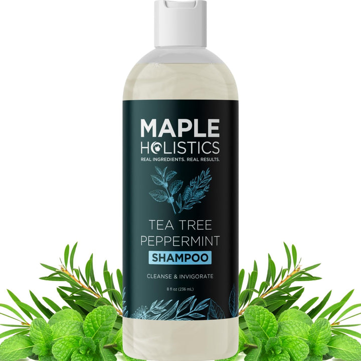 Maple Holistics front bottle showing rosemary tea tree mint shampoo benefits