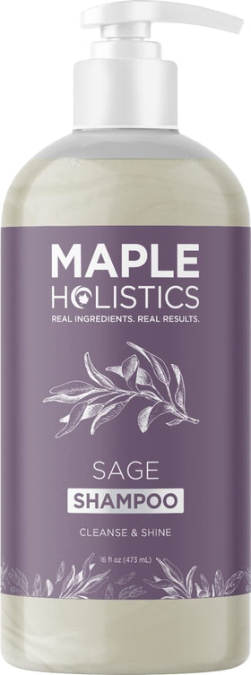 Maple Holistics front bottle of sage and rosemary shampoo showing clean branding and benefits
