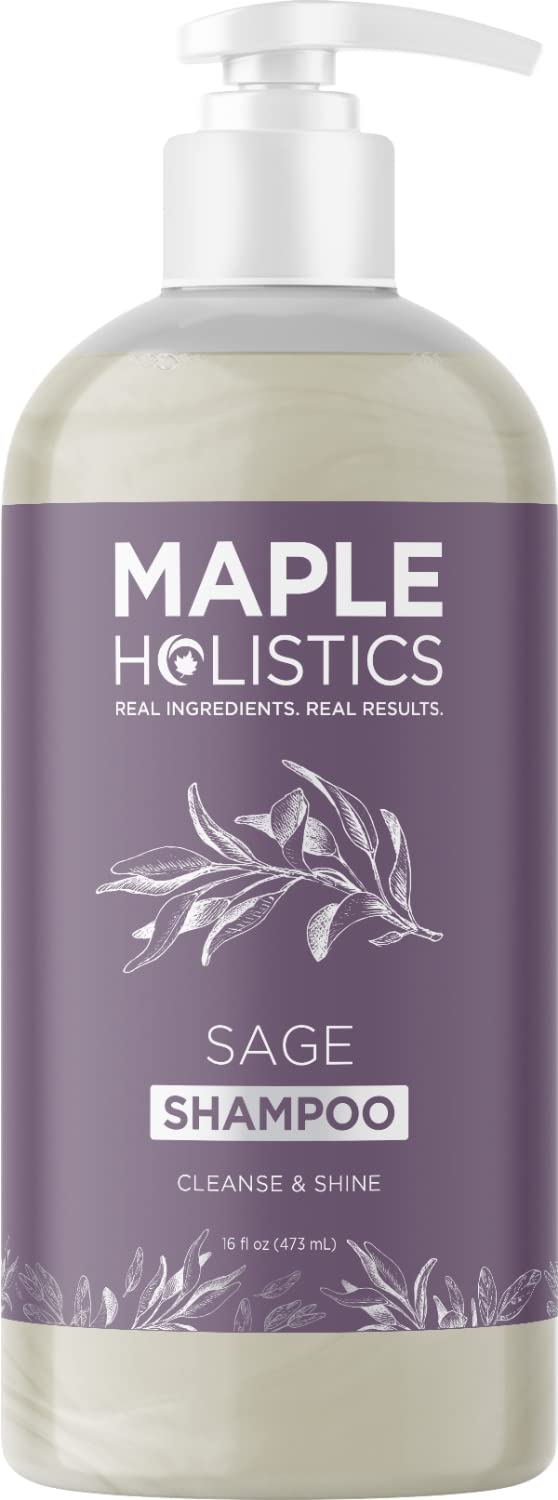 Maple Holistics front bottle of sage and rosemary shampoo showing clean branding and benefits