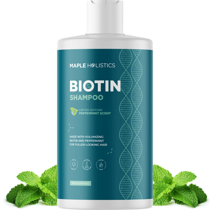 Maple Holistics front bottle showing volumizing biotin shampoo benefits