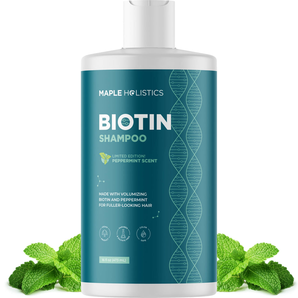 Maple Holistics front bottle showing volumizing biotin shampoo benefits