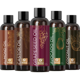 Maple Holistics front packaging showing five carrier oil bottles for easy identification and use