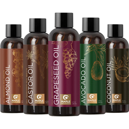 Maple Holistics front packaging showing five carrier oil bottles for easy identification and use