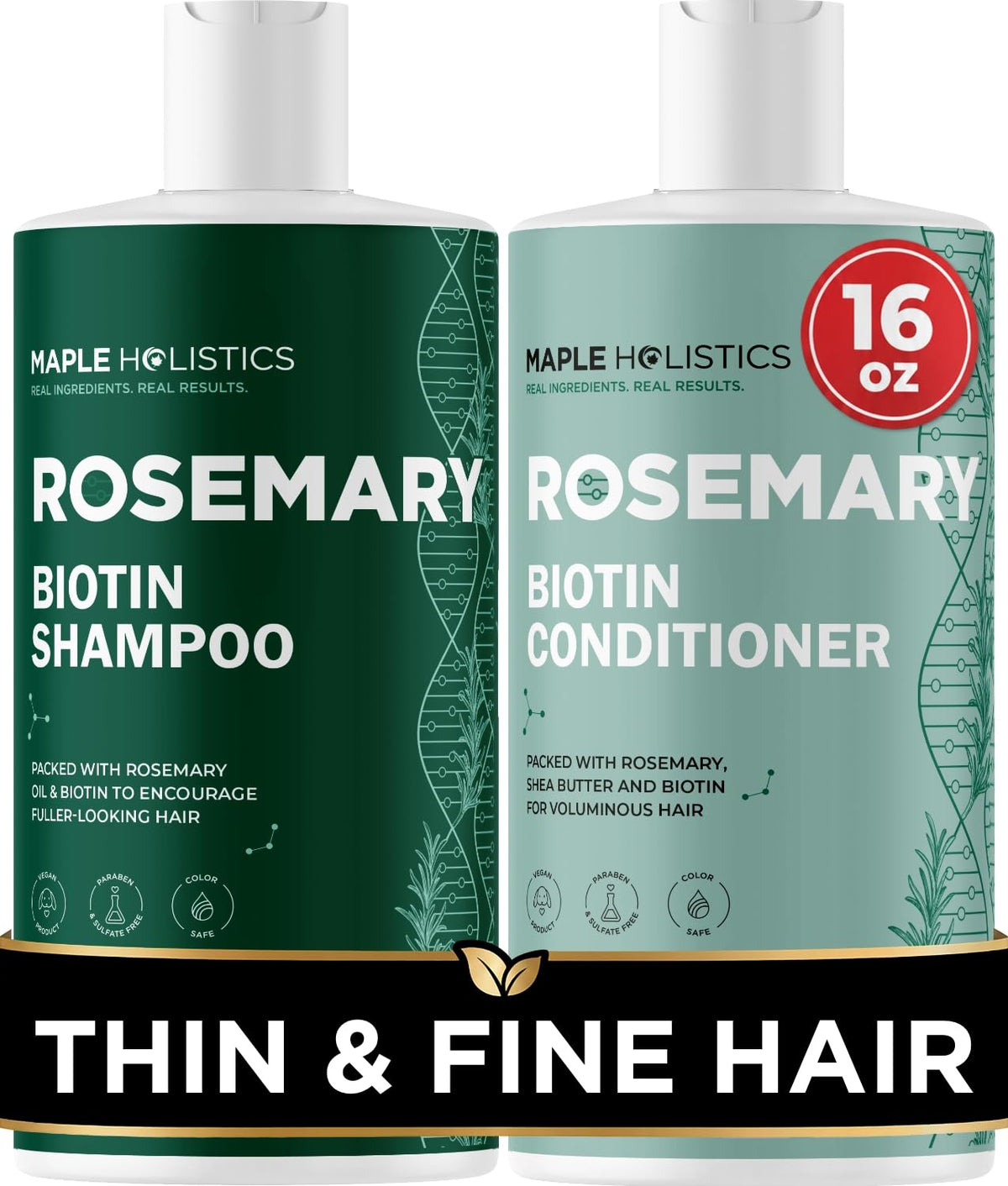 Maple Holistics front packaging showing shampoo and conditioner delivering fuller hair