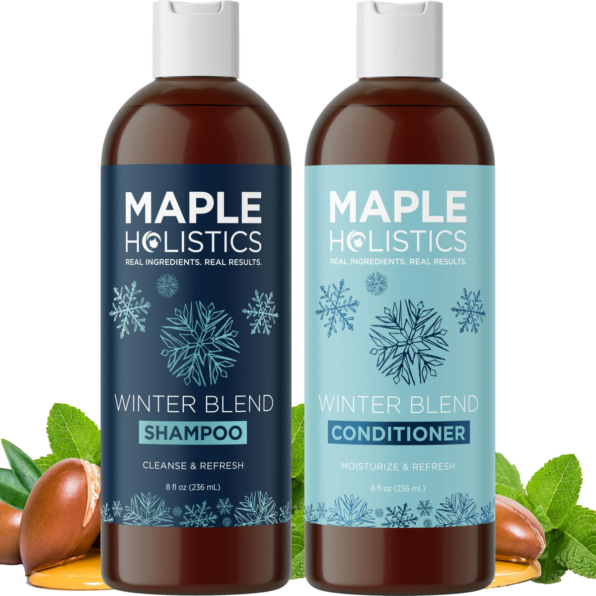 Maple Holistics front packaging showing shampoo and conditioner for mineral removal and shine