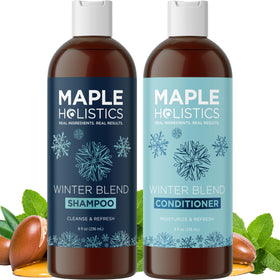 Maple Holistics front packaging showing shampoo and conditioner for mineral removal and shine