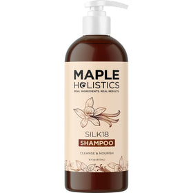 Maple Holistics front packaging showing Silk18 shampoo for hydrated hair benefits