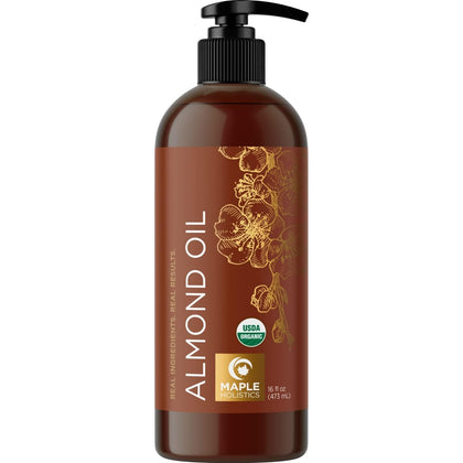 Maple Holistics front packaging showing organic almond oil benefits